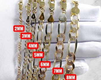 14K Tri Color Gold Figaro Chain Necklace Bracelet Real Gold Diamond Cut Necklace 2MM-8MM 7"-30" Rainbow Gold Men Women