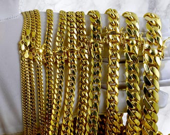 14K Gold SOLID Miami Cuban Chain Necklace Bracelet Real Gold Round Link Necklace 2MM-10MM 7"-30" Yellow Gold Men Women
