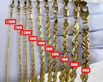 14K Gold SOLID Rope Chain Necklace Bracelet Real Gold Diamond Cut Necklace 1MM-8MM 7"-30" Yellow Gold Men Women Twist