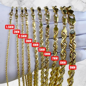 10K Gold SOLID Rope Chain Necklace Bracelet Real Gold Diamond Cut Necklace 1MM-10MM 7&quot;-30&quot; Yellow Gold Men Women Twist