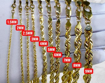 10K Gold SOLID Rope Chain Necklace Bracelet Real Gold Diamond Cut Necklace 1MM-10MM 7"-30" Yellow Gold Men Women Twist