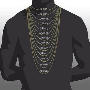 May include: A guide to necklace chain lengths in inches, from 16 inches to 40 inches, shown on a model's neck.