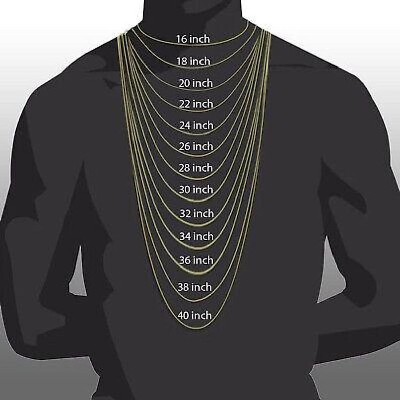 May include: A guide to necklace chain lengths in inches, from 16 inches to 40 inches, shown on a model's neck.
