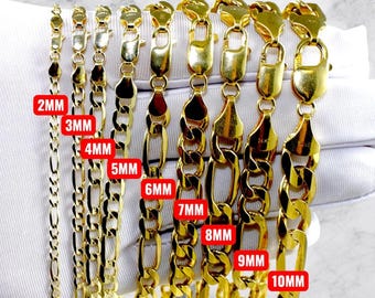 14K Gold SOLID Figaro Chain Necklace Bracelet Real Gold Diamond Cut Necklace 1MM-12MM 7"-30" Yellow Gold Men Women 3+1 Link