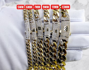 14K Gold Miami Cuban Monaco CZ Kette Halskette Armband Echt Gold Voll Zirkonia Halskette 5 MM-11 MM 7 "-30" Gelbgold Männer Frauen