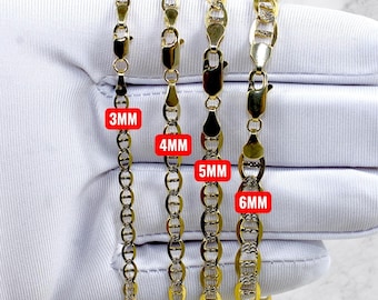 10K Gold SOLID Pave Mariner Anchor Chain Necklace Bracelet Real Gold Flat Mariner Necklace 3MM-6MM 7"-30" Yellow Gold Men Women