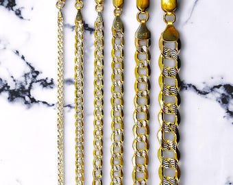 10k Gold Pave Curb Cuban Chain Necklace Bracelet Real Gold Diamond Cut Round Link Necklace 2MM-9MM 7&quot;-30&quot; Yellow Gold Men Women
