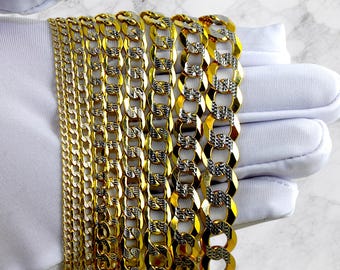 14K Gold Pave Curb Cuban Chain Necklace Bracelet Real Gold Diamond Cut Round Link 2MM-10MM 7"-30" Yellow Gold Men Women