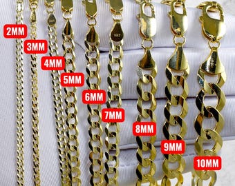 14K Gold SOLID Curb Cuban Chain Necklace Bracelet Real Gold Diamond Cut Round Link Necklace 2MM-10MM 7"-30" Yellow Gold Men Women