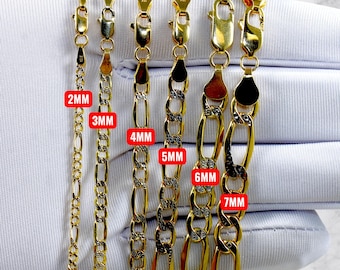 10K Gold Pave Figaro Chain Necklace Bracelet Real Gold Diamond Cut Figaro Necklace 2MM-8MM 7"-30" Yellow Gold Men Women