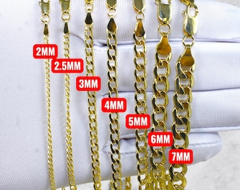 14K Gold Curb Cuban Chain Necklace Bracelet Real Gold Diamond Cut Round Link Necklace 2MM-9MM 7"-30" Yellow Gold Men Women