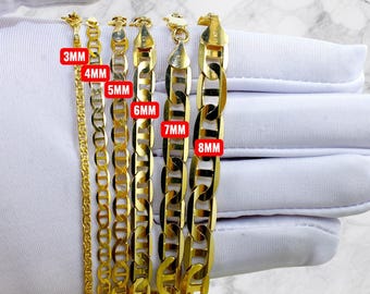10K Gold SOLID Mariner Anchor Chain Necklace Bracelet Real Gold Flat Mariner Necklace 3MM-6MM 7"-30" Yellow Gold Men Women