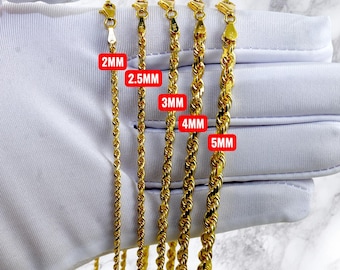 18K Gold SOLID Rope Chain Necklace Bracelet Real Gold Diamond Cut Link Necklace 2MM-5MM 7"-30" Yellow Gold Men Women Twist