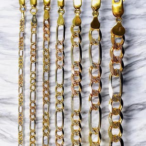 14k Tri Color Gold SOLID Figaro Chain Necklace Bracelet Real Gold Diamond Cut Necklace 2MM-8MM 7"-30" Tri Color Rainbow Gold Men Women