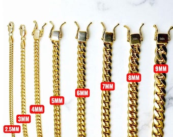 10K Gold SOLID Miami Cuban Chain Necklace Bracelet Real Yellow Gold Round Link 2MM-10MM 7"-30" Yellow Gold Men Women