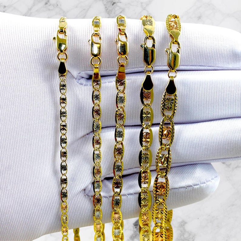 10K Tri Color Gold SOLID Valentino Mariner Anchor Chain Necklace Bracelet Real Diamond Cut Necklace 1.5MM-5MM 7"-30" Yellow White Rose Gold image 2