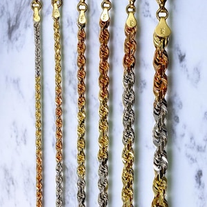 14k Tri Color Gold SOLID Rope Chain Necklace Bracelet Real Gold Diamond Cut Necklace 1MM-12MM 7"-30" Rainbow Gold Men Women Twist