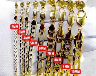 10Kゴールドソリッドフィガロチェーンネックレスブレスレット本物のゴールドダイヤモンドカットネックレス2mm-11mm7インチ-30インチイエローゴールドメンズレディース3+1リンク