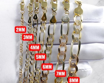 14K Tri Color Gold SOLID Figaro Chain Necklace Bracelet Real Gold Diamond Cut Necklace 2MM-8MM 7"-30" Rainbow Gold Men Women