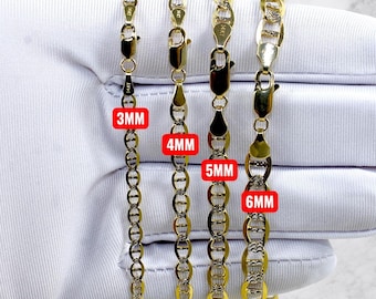 14K Gold SOLID Pave Mariner Anchor Chain Necklace Bracelet Real Gold Flat Mariner Necklace 3MM-7MM 7"-30" Yellow Gold Men Women