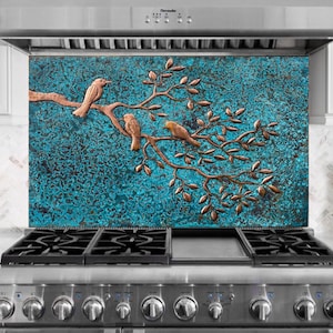 Birds Perching On Tree Branch Copper Backsplash, Unique Tree Branches Wall Mural Tile For Kitchen And Fireplace Wall Decor