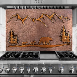 Handmade Copper Stainless plaster tile - Bear Family and Mountain Scene wall art - Rustic Decor Inspired by Nature - Indoor and Outdoor