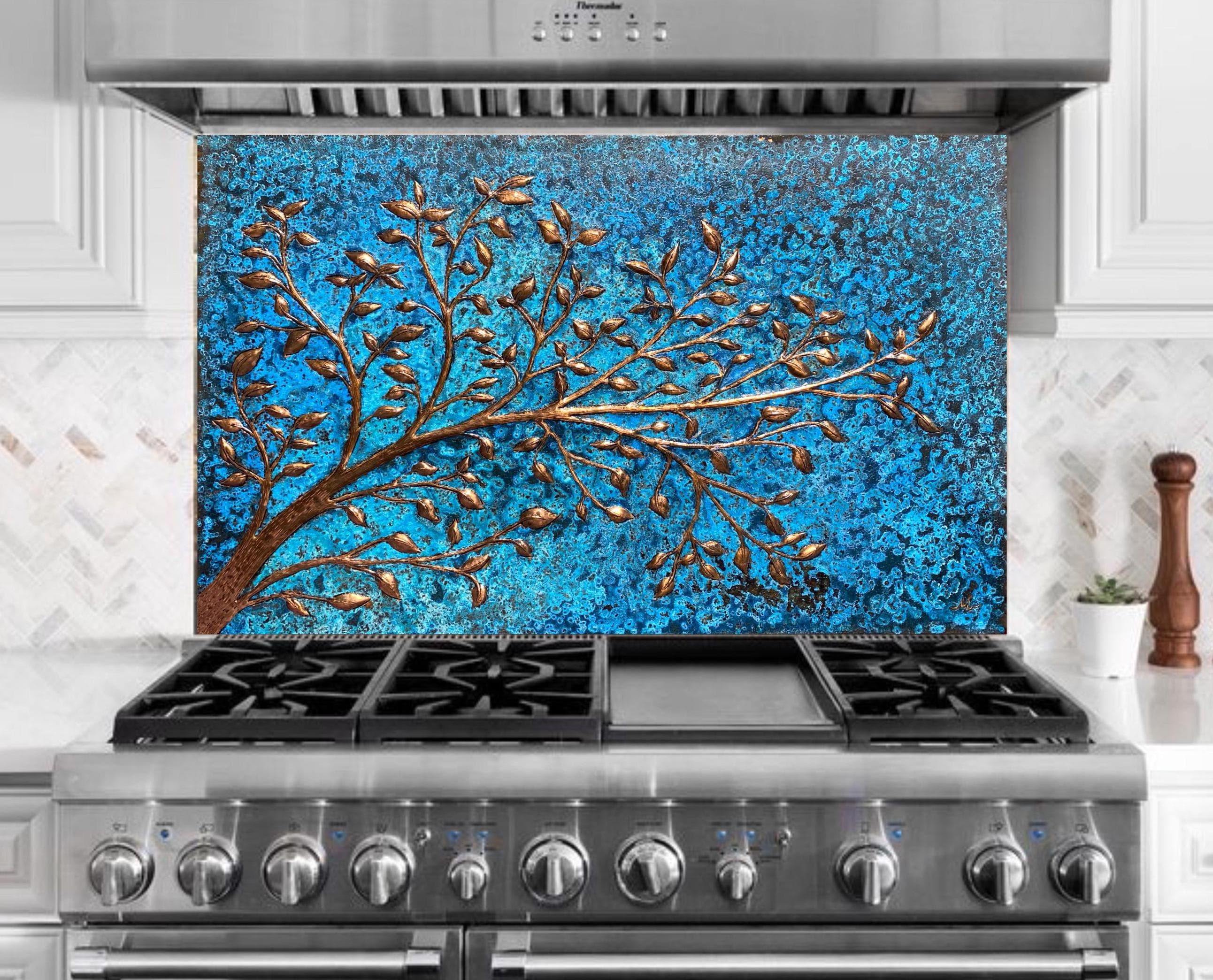 Leafy Tree Branches Copper wall art,Tree branches special size kitchen tiles,Copper Natural patina,Custom Copper Kitchen Backsplash