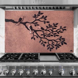 Three Small Birds Perched on a Leafy Tree Branch|Handmade Copper Backsplash,Customizable Rustic Birds Wall Mural, Indoor & Outdoor
