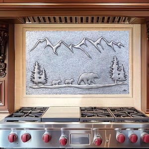 Handmade Copper Bear Nature Scene, Kitchen Stove Backsplash Tile, Mountain Scene Wall Art Behind Pine Trees, Indoor & Outdoor