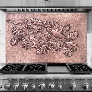 Oak Branches-Copper kitchen Backsplash tile,copper acorn,Sparrows,Birds Copper Wall Art,Indoor & Outdoor Wall Decor,leafy branches