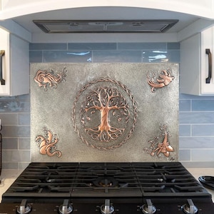 Handmade Copper Celtic Tree of Life Backsplashes, Four Elements Metal Wall Art