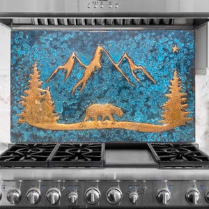 Bear in the Forest with a Mountain Scenery Behind, Kitchen Backsplash Tile , Rustic Copper Wall Panel
