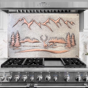 Stove Backsplash with Mountain Scenery Behind Pine Trees - Copper Wall Panel Featuring a Deer Family in the Forest, Customizable Copper Tile