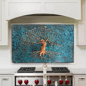 Handmade copper tree of life,Natural patina,Tree of Life &Woman Wall Art-Customizable Stove Backsplash