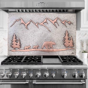 Handmade Copper Bear Family and Forest Scenery Backsplash tile, Pine Tree Wall Art, Bear and Forest Rustic Kitchen Decor. Indoor & Outdoor