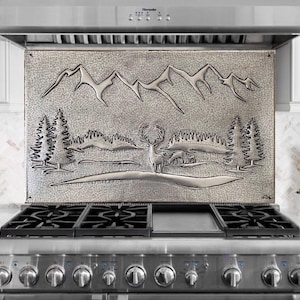 Mountain Scenery Behind Deer Copper Backsplash Tile Mural , Pine Trees and Nature Wall art , Traditional Kitchen Decor , Indoor & Outdoor