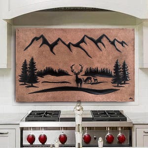 Handmade Copper Kitchen Backsplash Tile-with Deer and Mountain Scene-natural landscape copper wall mural-modern metal wall art