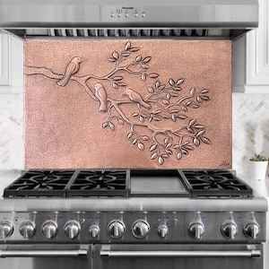Birds Resting On Leafy Tree Branches Copper Backsplash,unique singing birds copper wall panel,over oven backsplash tile mural, Natural scene