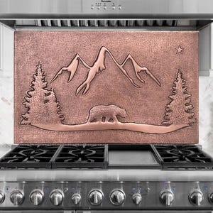 Bear and Mountain Landscape with Pine Trees Stove Backsplash Tile, Unique Nature Wall Decor for Kitchen and Fireplace