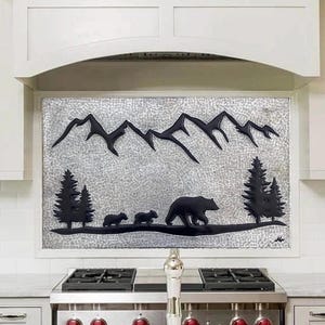 Handmade Bear Family and Forest Scene Copper Stove Panel,Mountain and Forest Landscape Rustic Wall Mural Tile