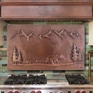 Handmade Copper Bear Family Backsplash tile - Rustic Wildlife Mountain Decor, Forest and nature scene wall art