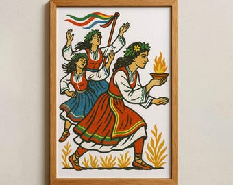 Lámina artística de danza búlgara: decoración de pared con rituales del fuego, póster de trajes folclóricos, regalo cultural enmarcado