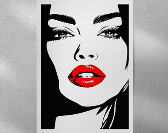 Pop Art Frau Giclée Print: Rote Lippen, Minimalistische Wandkunst (40 x 60 cm)
