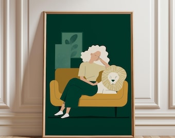 Descarga digital minimalista: Mujer abstracta con cabello rizado en un sofá color mostaza, arte moderno de mediados de siglo acogedor, decoración de pared en tonos suaves para imprimir.