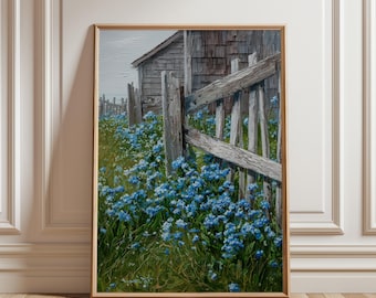 Escena rústica de estilo cottagecore imprimible con nomeolvides - Pintura al óleo de estilo vintage con ambiente melancólico, valla desgastada con flores, descarga de arte digital para pared