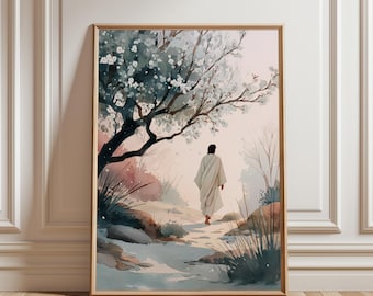 Arte mural "Sendero matutino de primavera espiritual" - Arte de Jesús para imprimir, paisaje pacífico en acuarela, decoración californiana en tonos pastel, descarga digital.