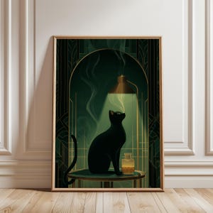 May include: Art Deco style print featuring a black cat under a golden lamp, with a bottle on a table. The background is a dark green with gold accents, creating a mysterious and elegant atmosphere. The cat is looking up.
