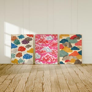 Colorful Asian Cloud Pattern Wall Art Set of 3, Retro Decorative Prints, Maximalist Gallery Bundle, Printable Digital Download