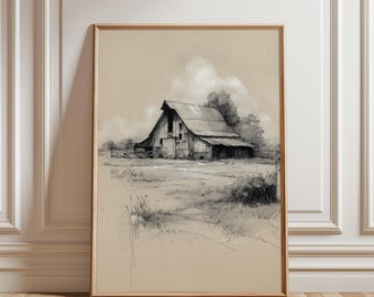 Boceto de granero rústico, arte mural imprimible - Escena campestre minimalista de inspiración vintage, decoración neutra de estilo granja, descarga de arte digital