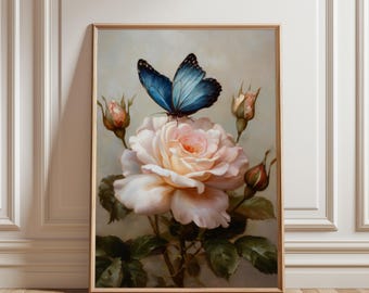 Lámina decorativa clásica de mariposa y rosa para imprimir - Decoración floral romántica, delicada mariposa azul sobre flor rosa, descarga botánica de inspiración vintage.